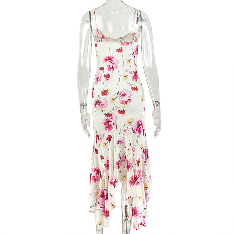 Women's Floral Ruched Asymmetrical Maxi Dress
