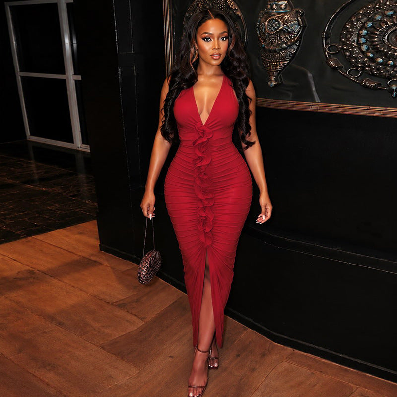 Women's Ruched Deep V Neck Maxi Dress