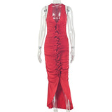 Women's Ruched Deep V Neck Maxi Dress