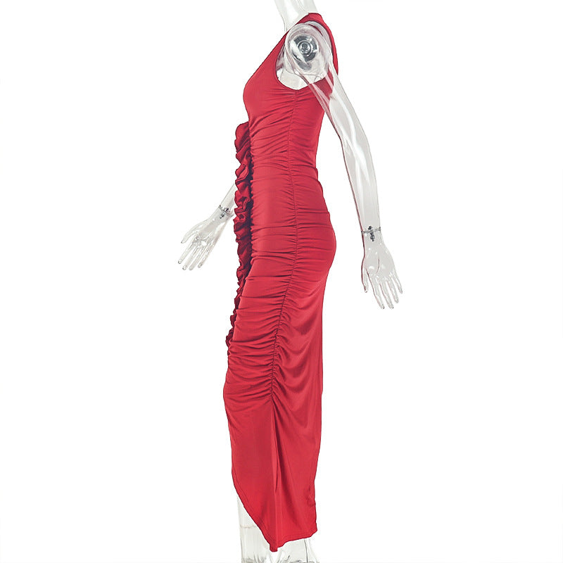Women's Ruched Deep V Neck Maxi Dress
