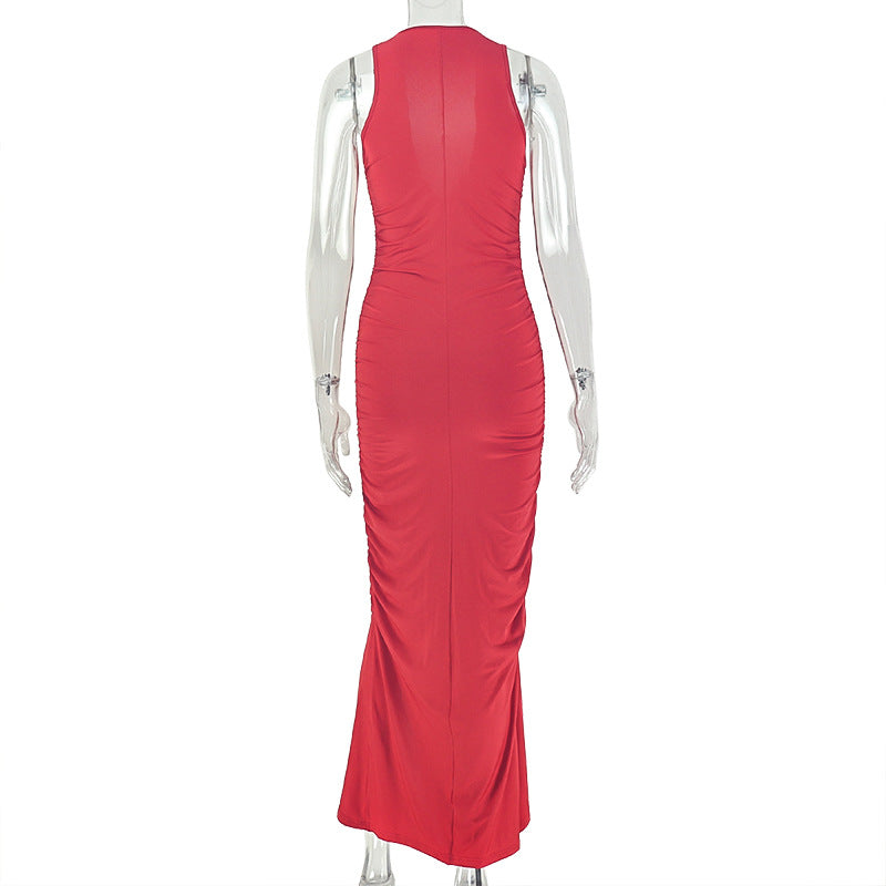 Women's Ruched Deep V Neck Maxi Dress