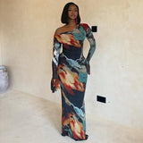 Women's One Shoulder Printed Maxi Dress