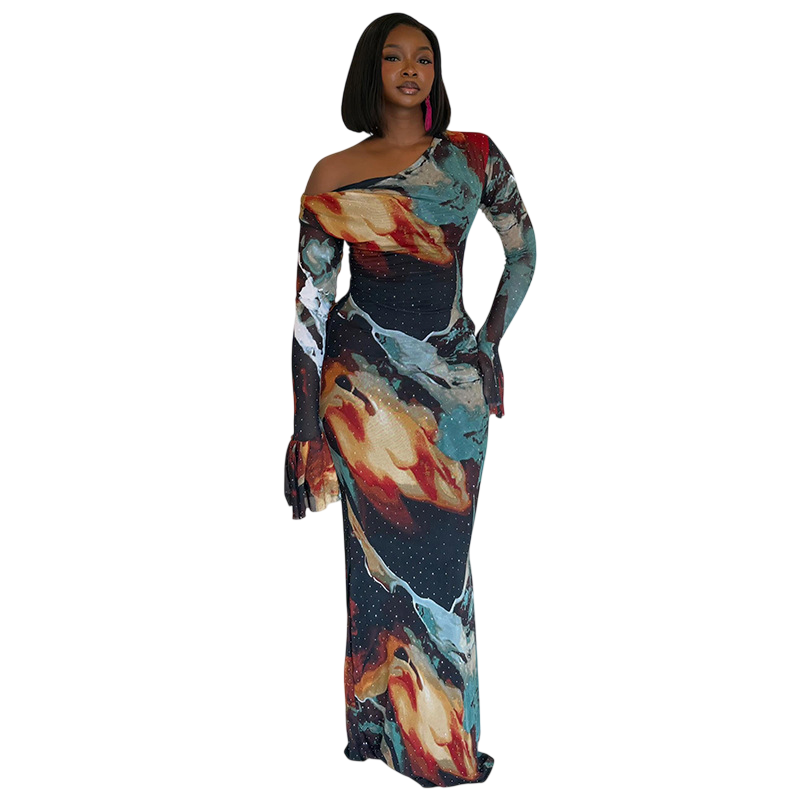 Women's One Shoulder Printed Maxi Dress