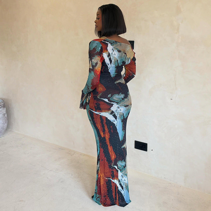 Women's One Shoulder Printed Maxi Dress