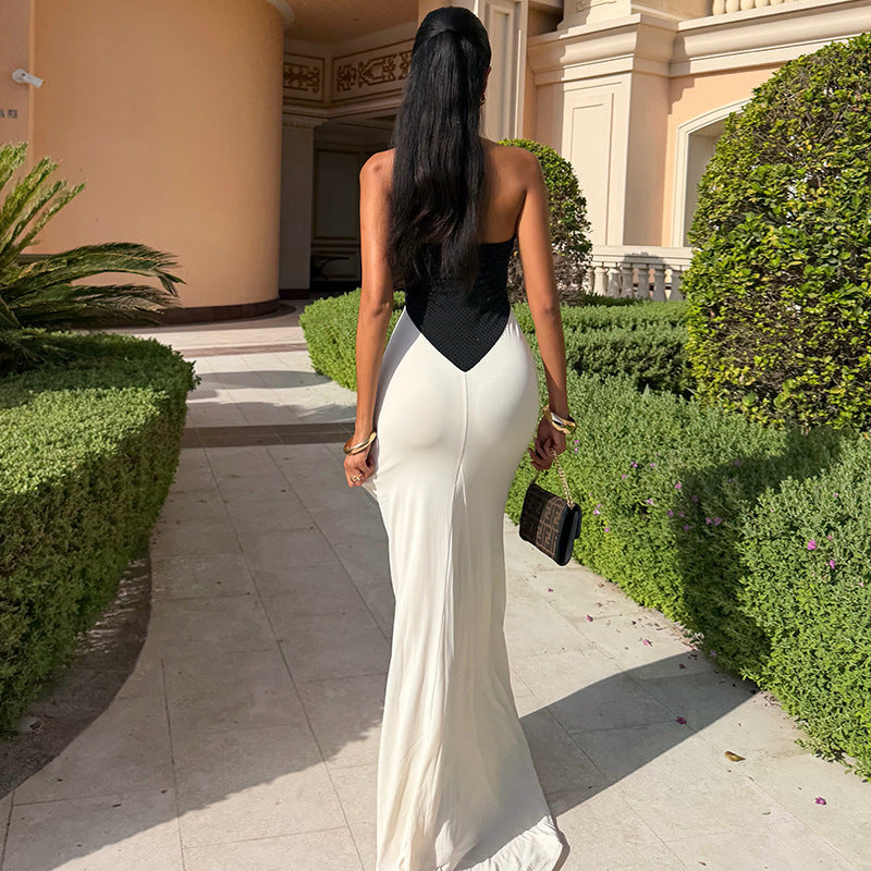 Women's Halter Neck Color Block Maxi Dress