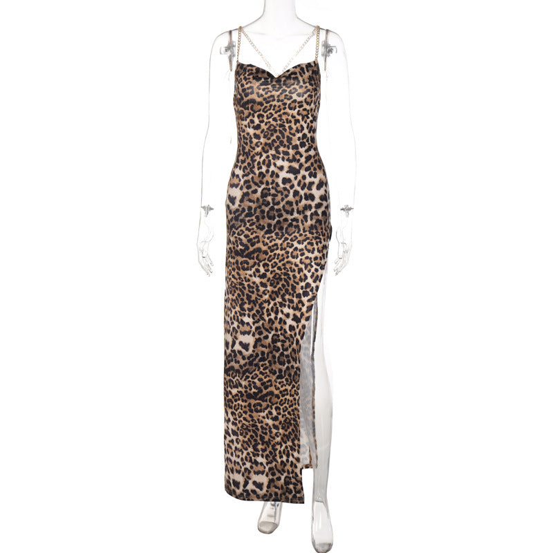 Women's Leopard Print Slit Maxi Dress