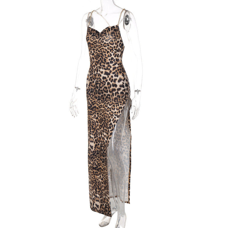 Women's Leopard Print Slit Maxi Dress