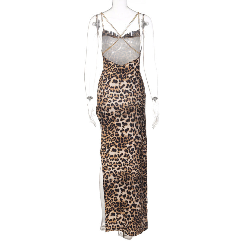 Women's Leopard Print Slit Maxi Dress