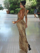 Women's Leopard Print Halter Maxi Dress