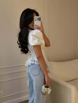 Women's Puff Sleeve Lace Hem Peplum Top