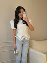 Women's Puff Sleeve Lace Hem Peplum Top