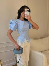 Women's Puff Sleeve Lace Hem Peplum Top