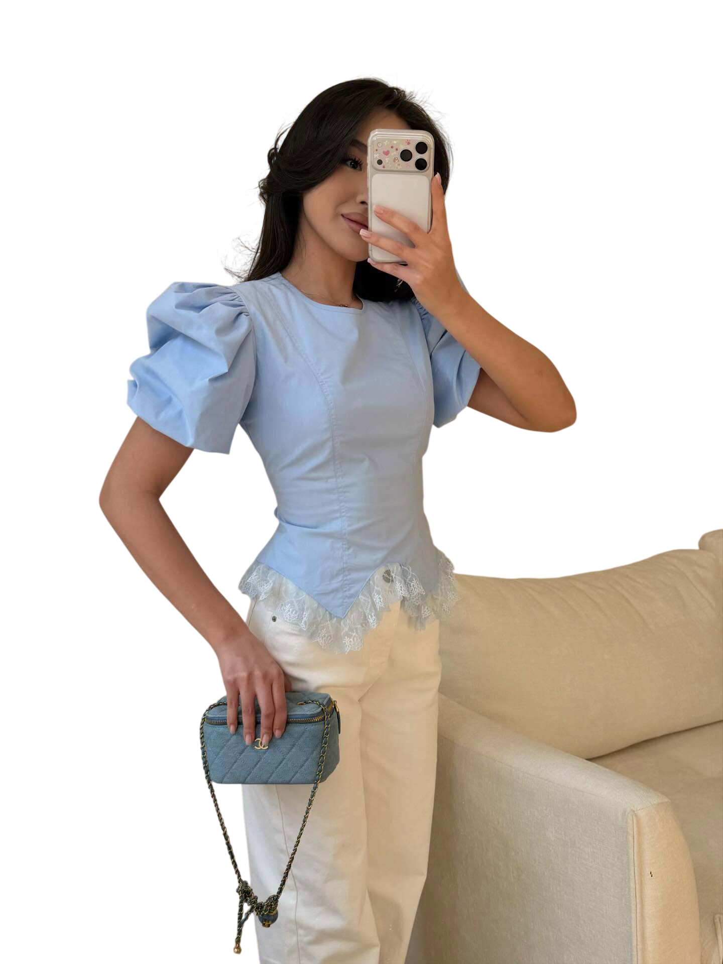 Women's Puff Sleeve Lace Hem Peplum Top