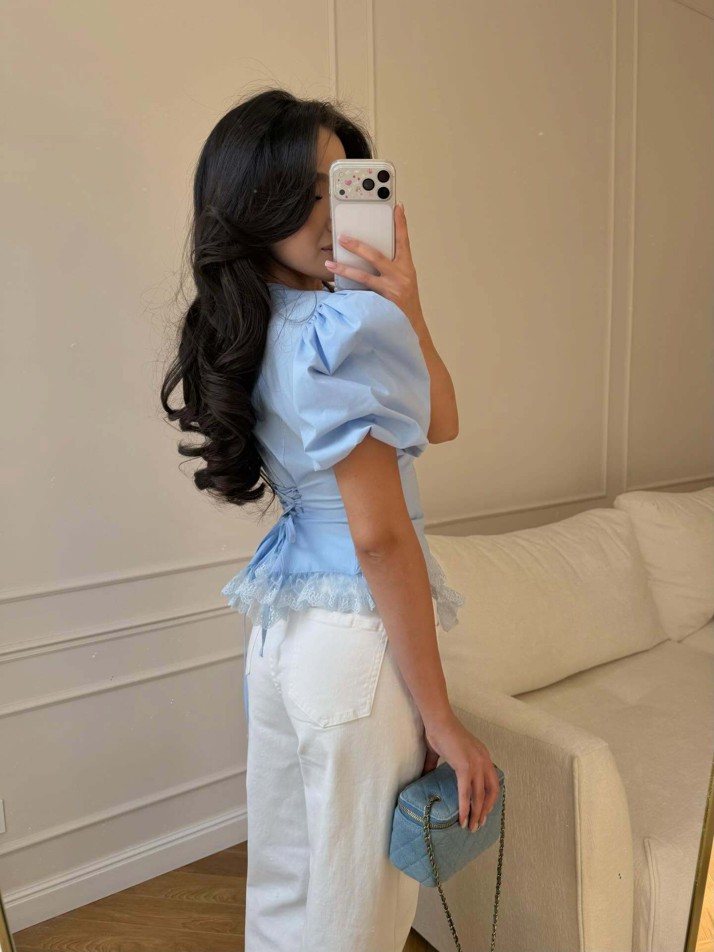 Women's Puff Sleeve Lace Hem Peplum Top