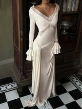 Women's Lace Trim Long Sleeve Maxi Dress