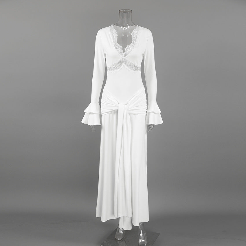 Women's Lace Trim Long Sleeve Maxi Dress