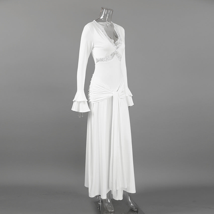 Women's Lace Trim Long Sleeve Maxi Dress