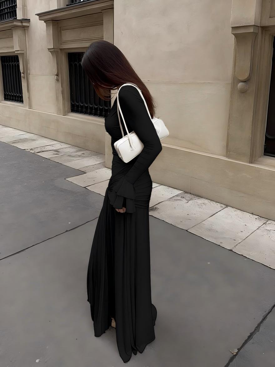 Women's Lace Trim Long Sleeve Maxi Dress