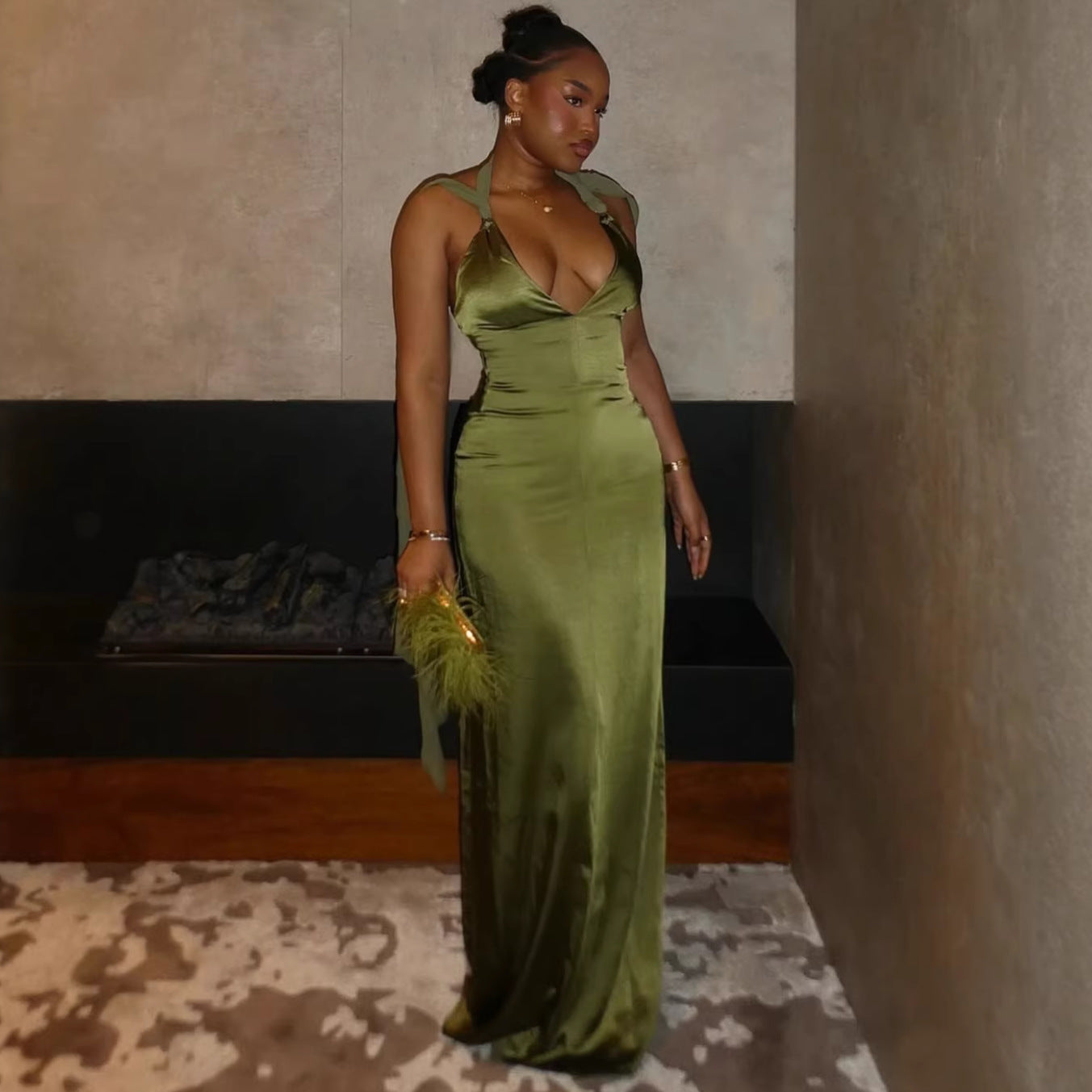 Women's Satin Halter Neck Maxi Dress