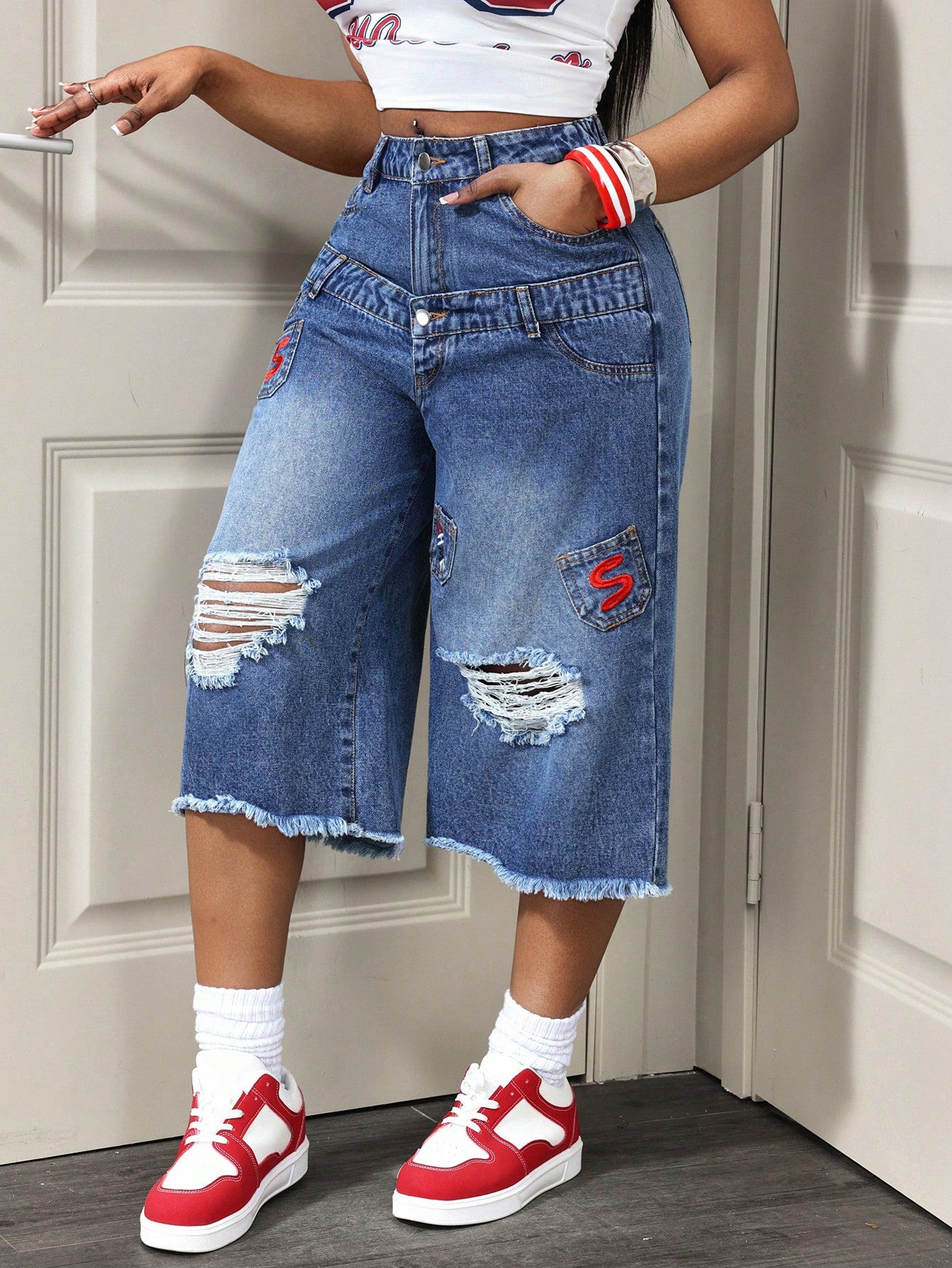 Women's Distressed Denim Bermuda Shorts