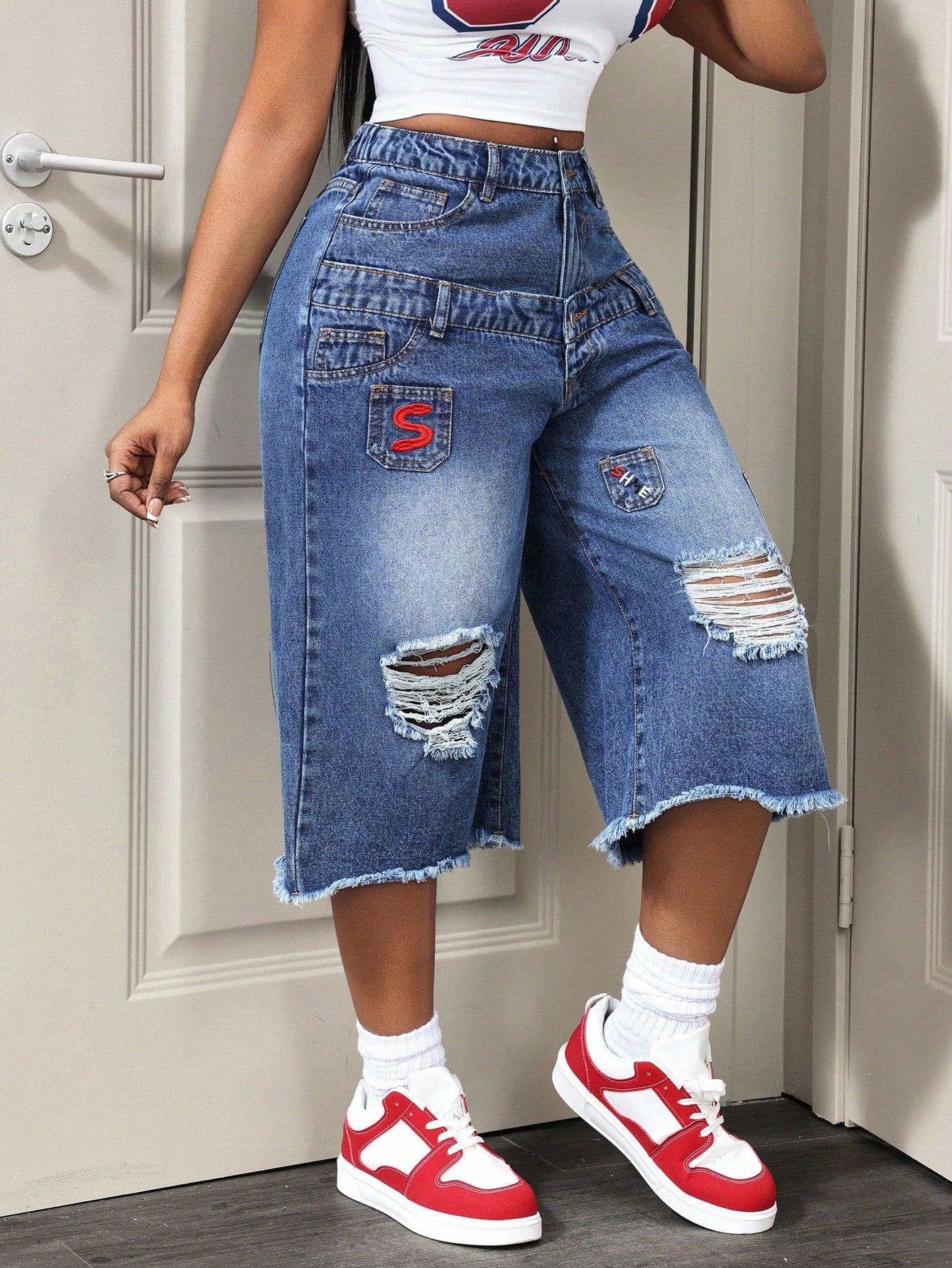 Women's Distressed Denim Bermuda Shorts