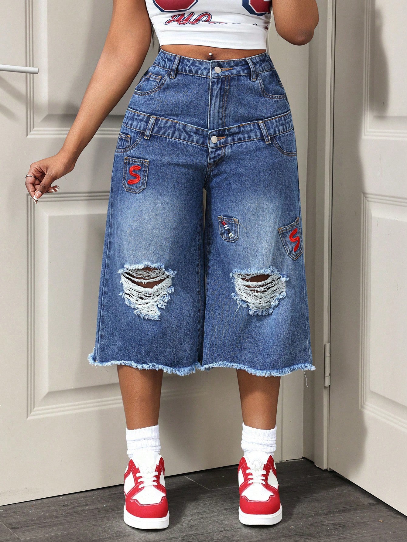 Women's Distressed Denim Bermuda Shorts