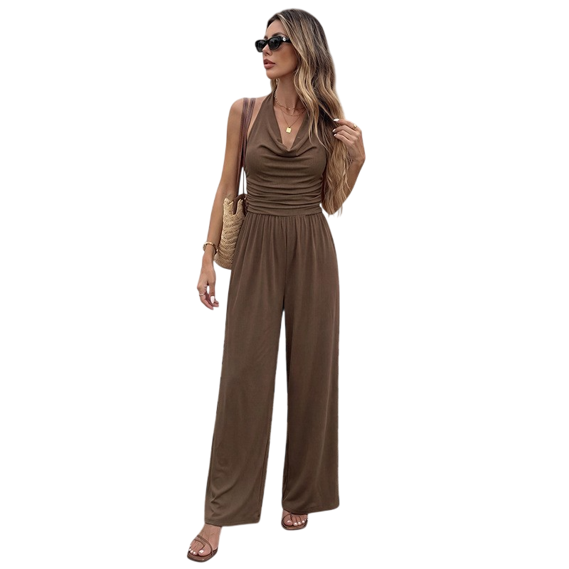 Women's Sleeveless Ruched Wide Leg Jumpsuit