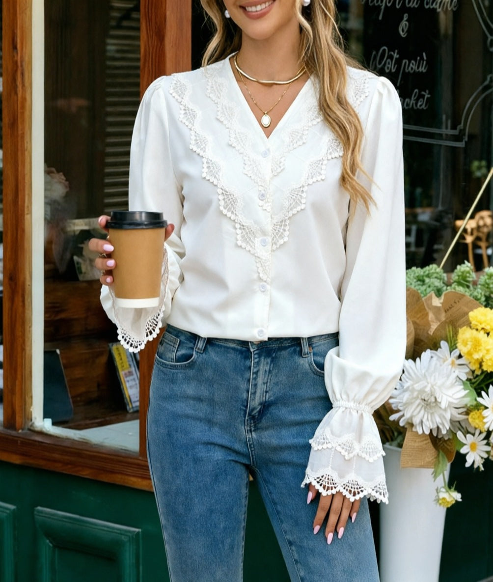 Women's Lace Trim V-Neck Blouse