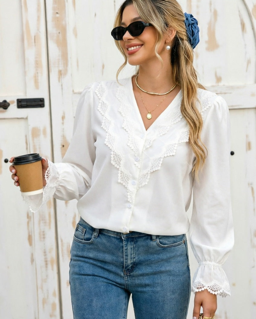 Women's Lace Trim V-Neck Blouse