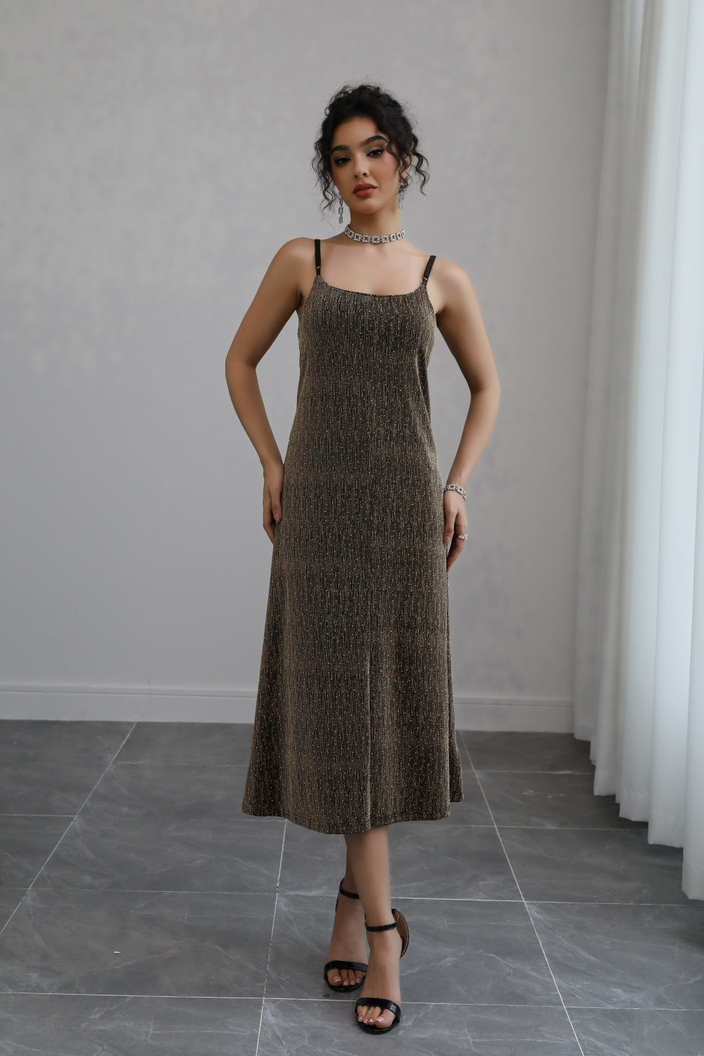 Women's Sparkly Spaghetti Strap Midi Dress