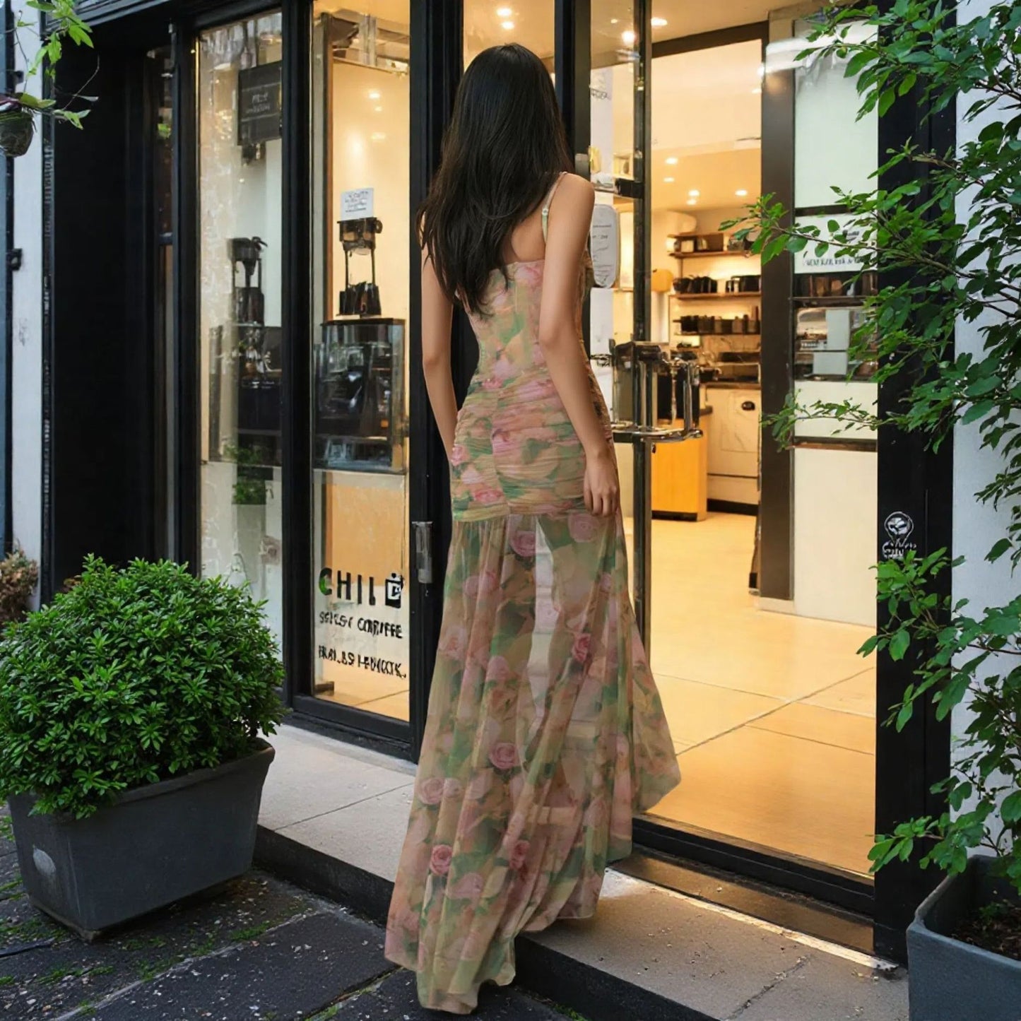 Women's Floral Mesh Maxi Dress