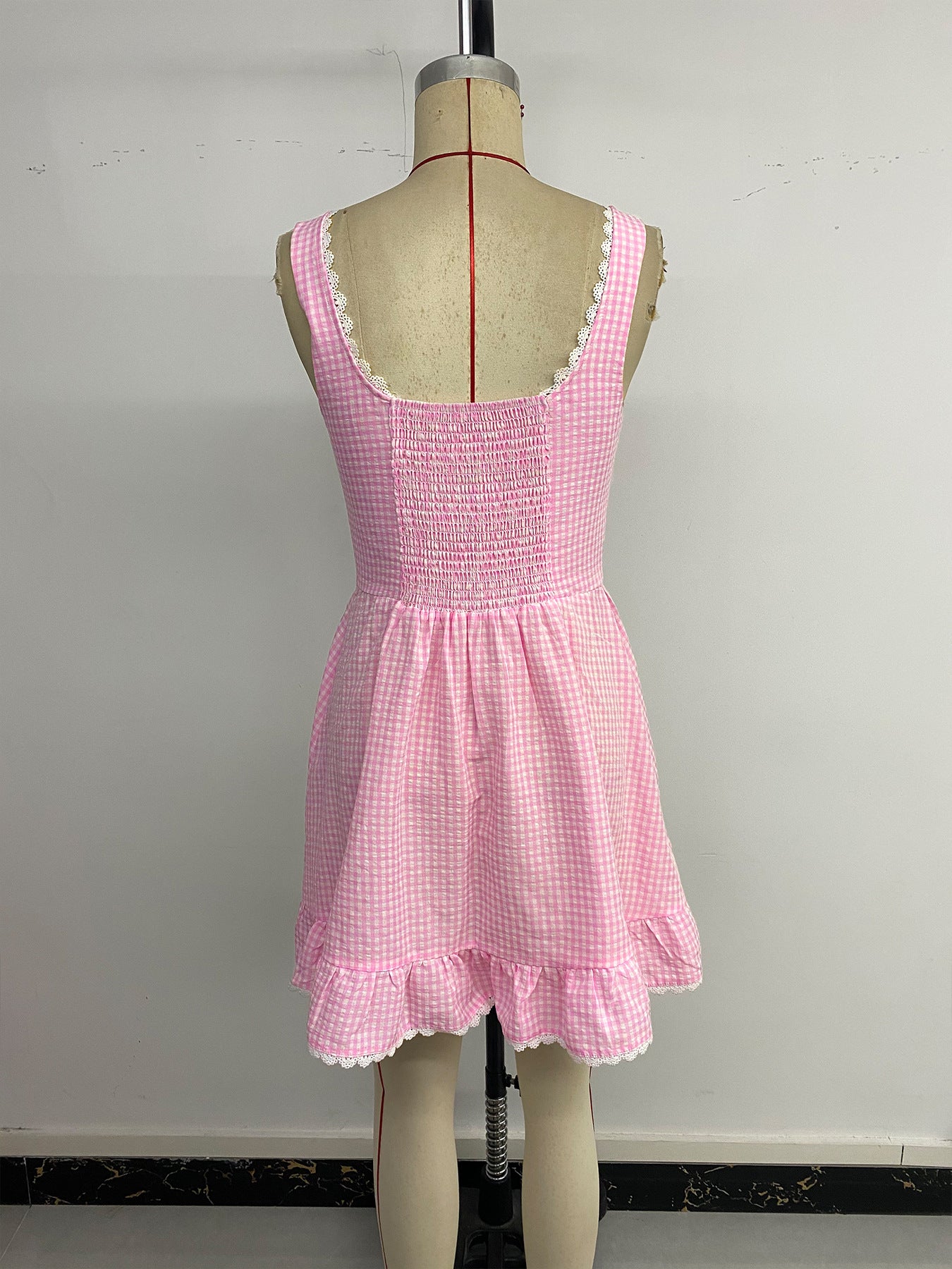 Women's Gingham Lace Trim Mini Dress