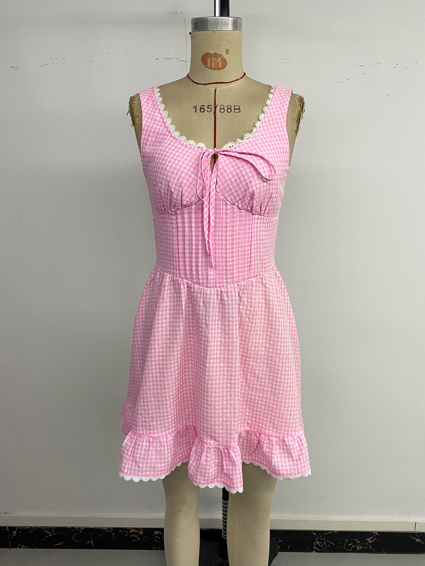 Women's Gingham Lace Trim Mini Dress