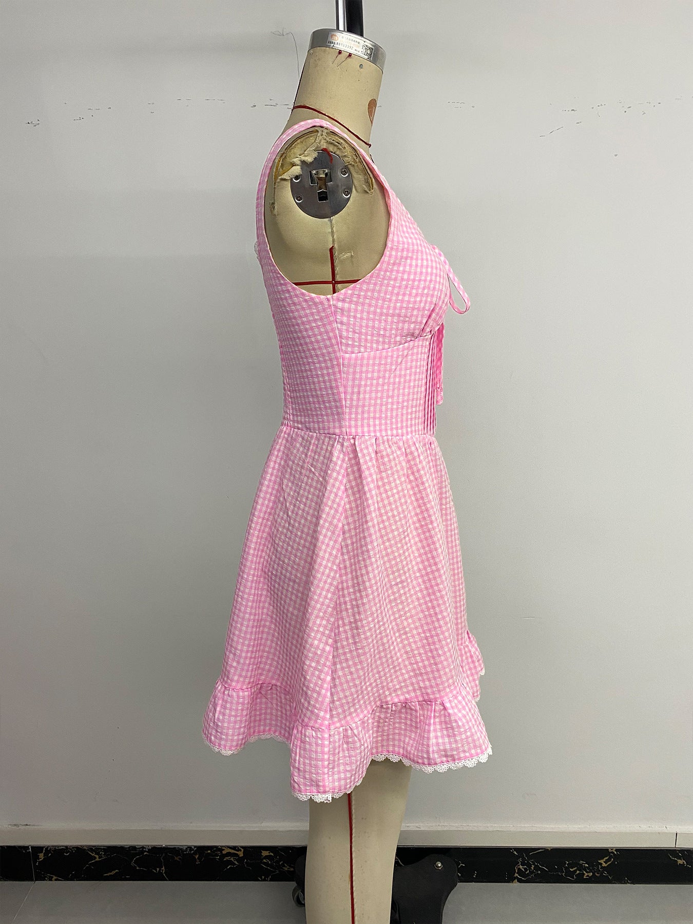 Women's Gingham Lace Trim Mini Dress