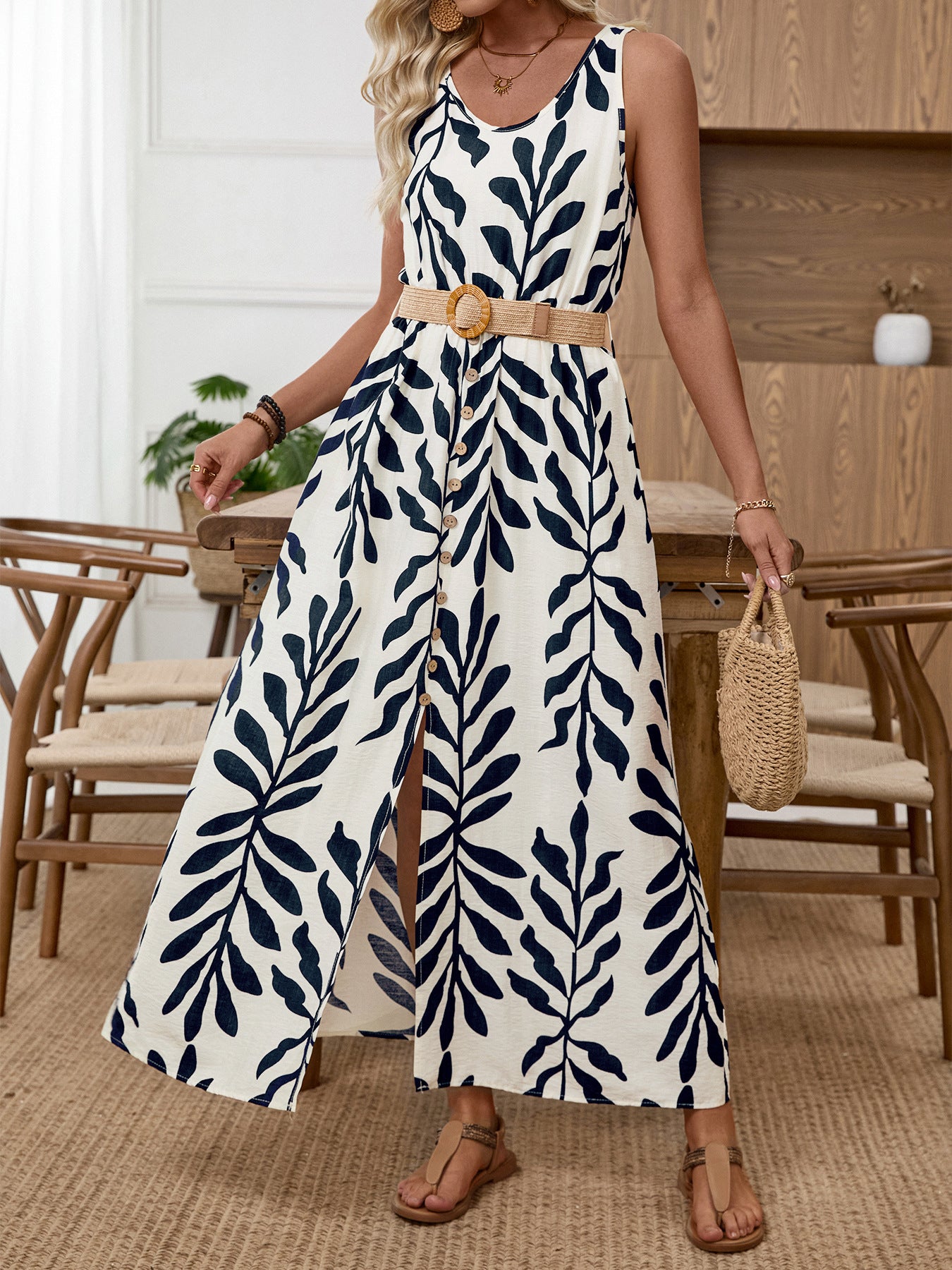 Women's Leaf Print Button Front Maxi Dress