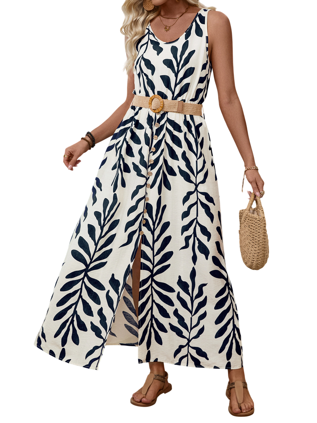 Women's Leaf Print Button Front Maxi Dress