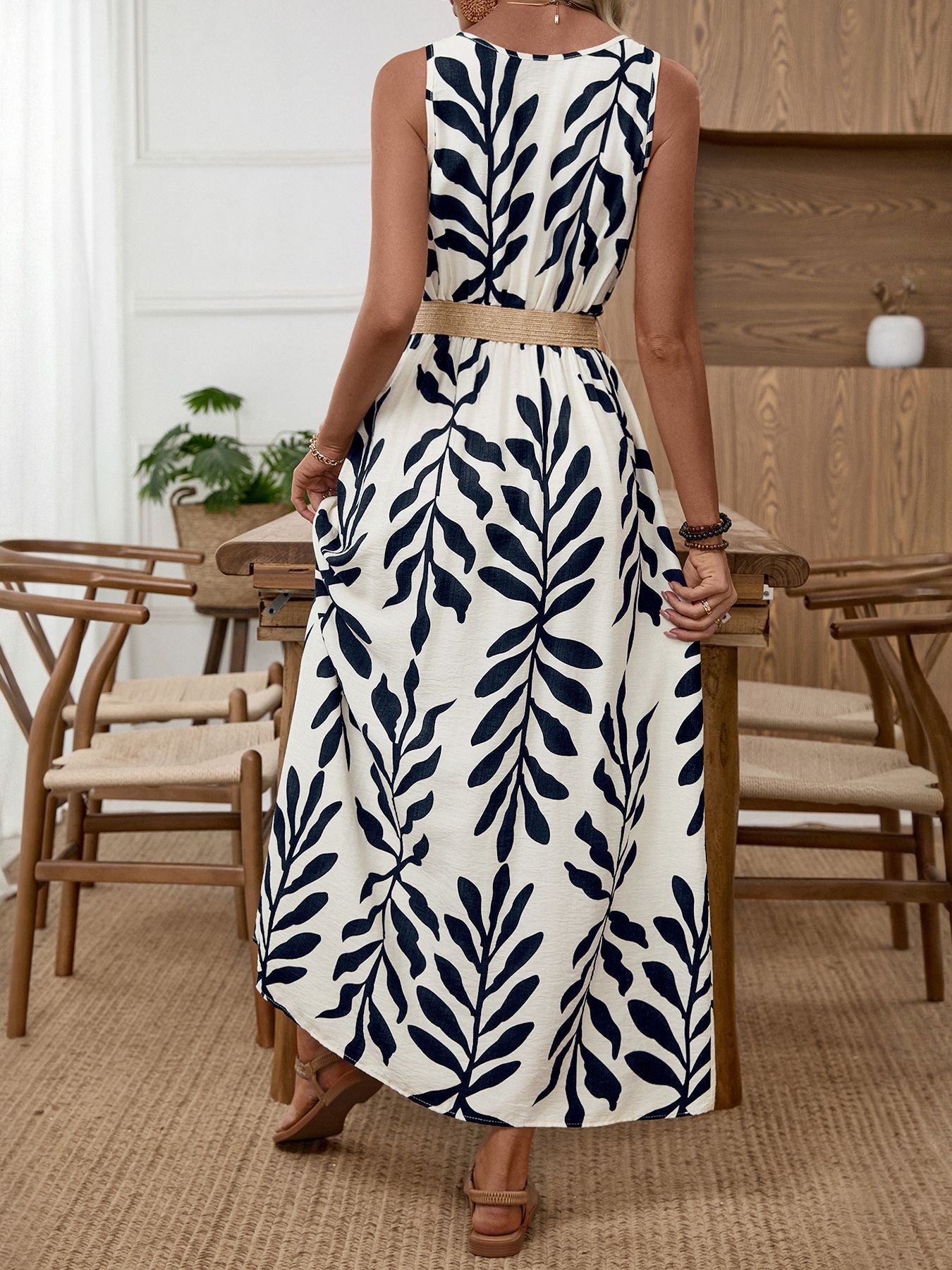 Women's Leaf Print Button Front Maxi Dress