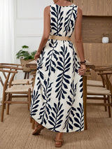 Women's Leaf Print Button Front Maxi Dress