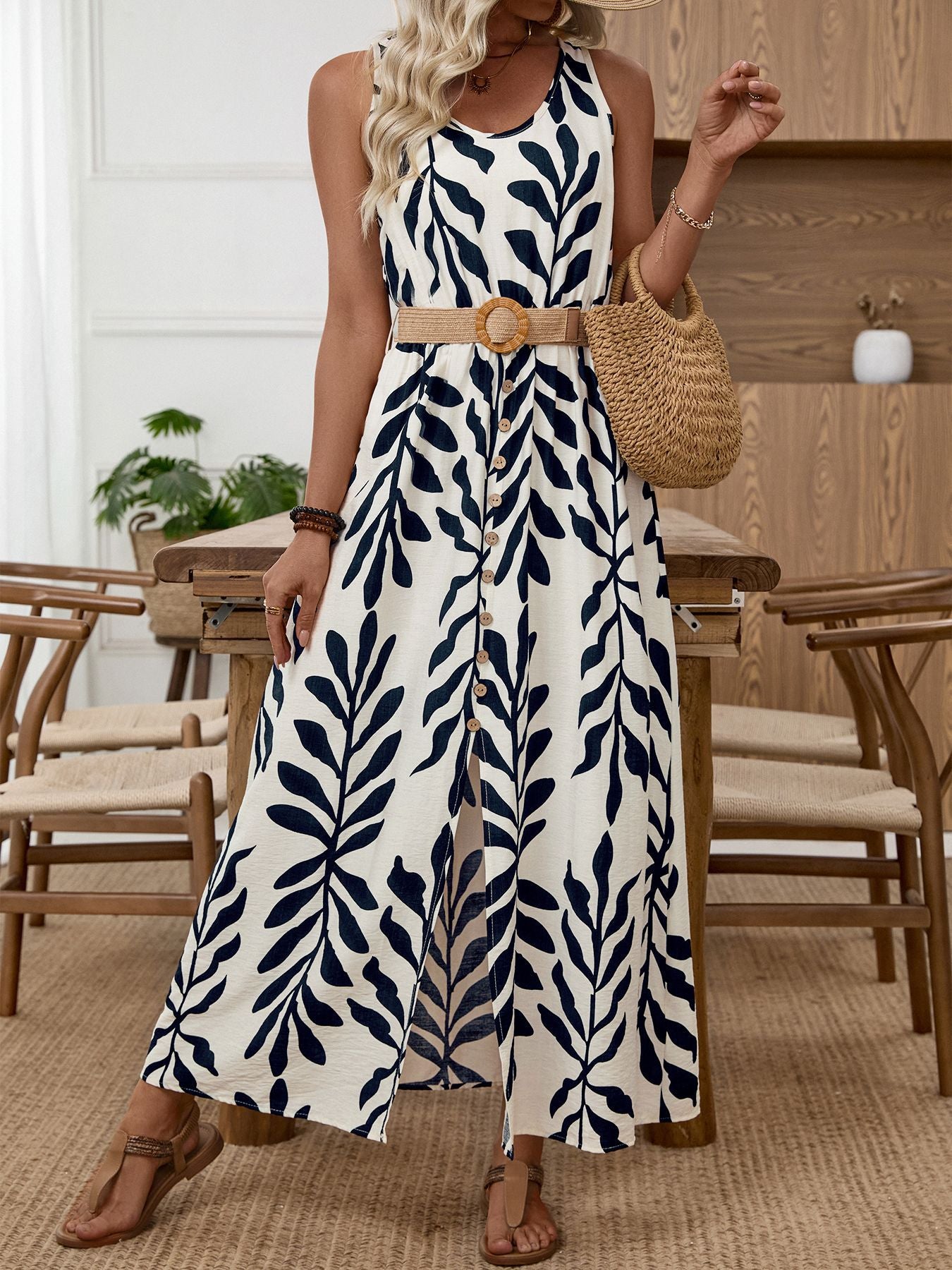 Women's Leaf Print Button Front Maxi Dress