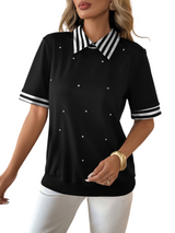 Women's Striped Collar Rhinestone Top