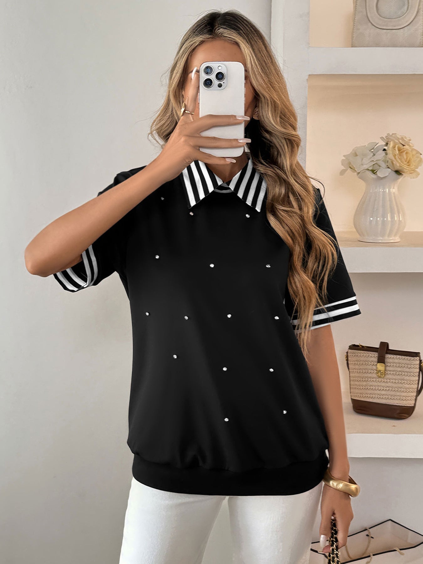 Women's Striped Collar Rhinestone Top
