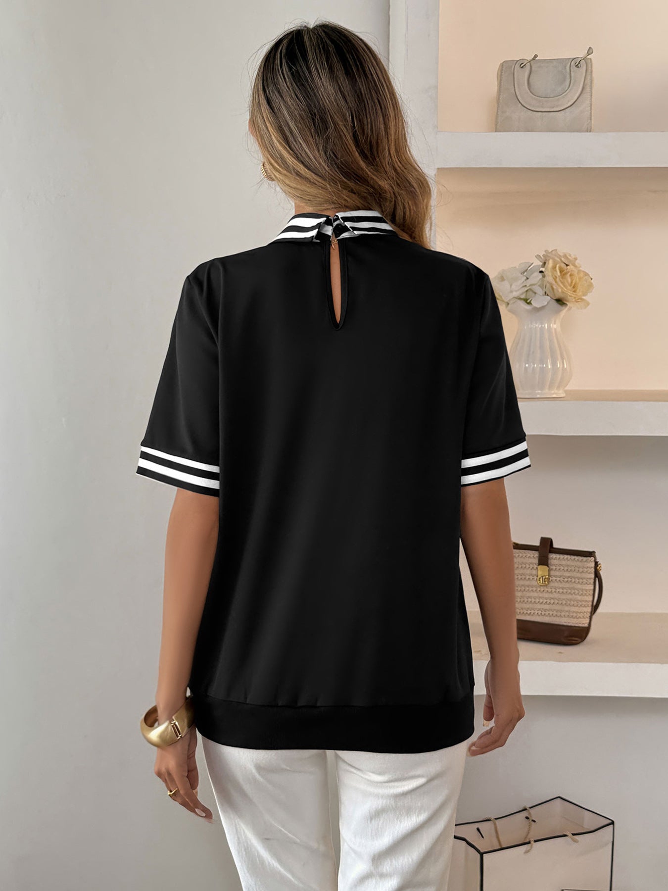 Women's Striped Collar Rhinestone Top