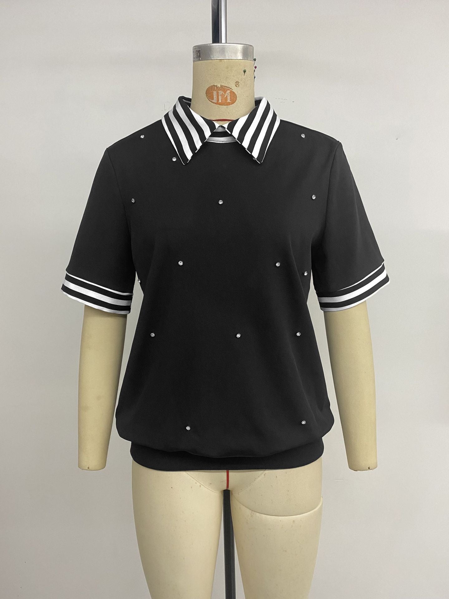 Women's Striped Collar Rhinestone Top