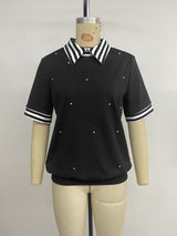 Women's Striped Collar Rhinestone Top