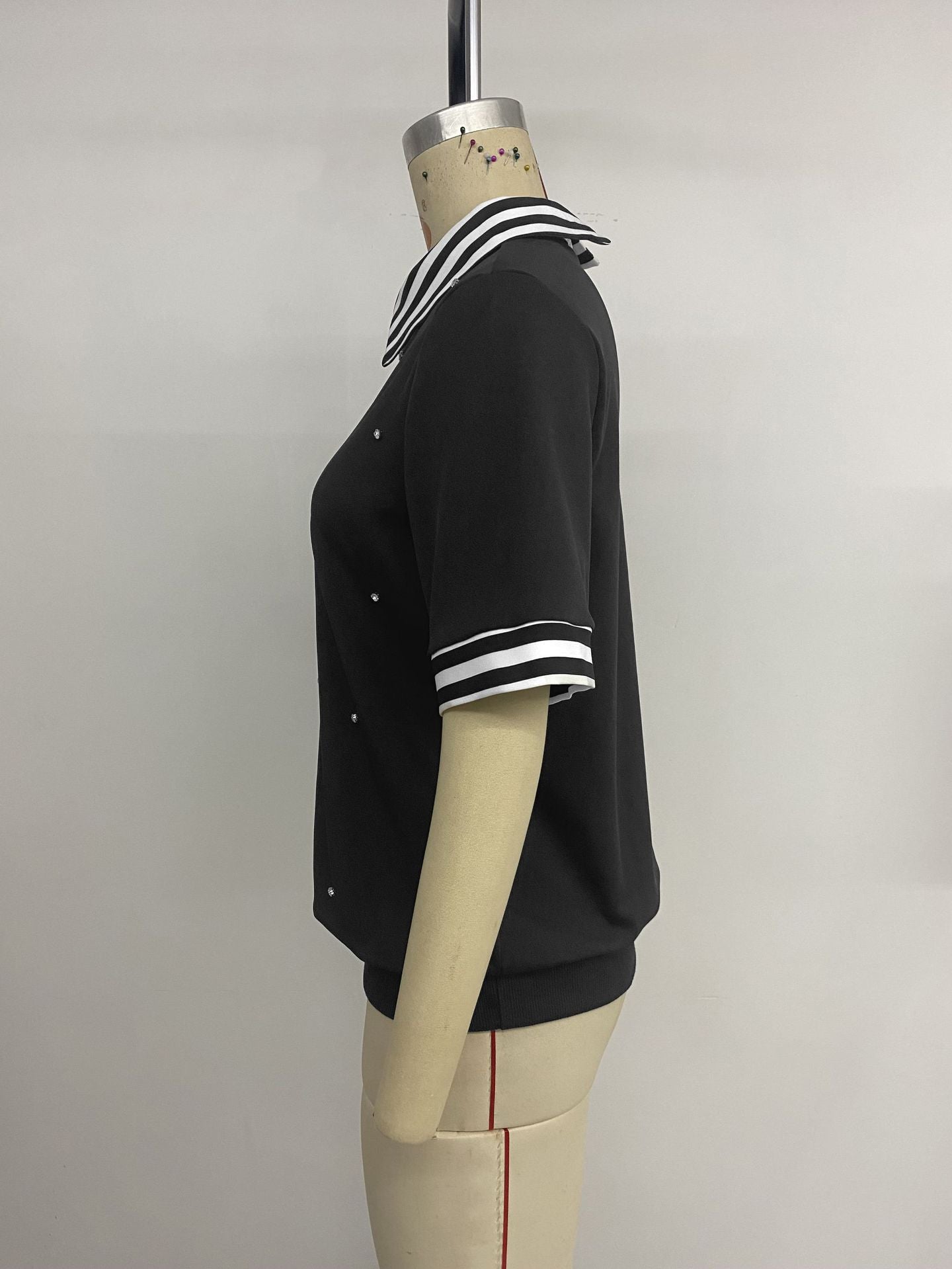 Women's Striped Collar Rhinestone Top
