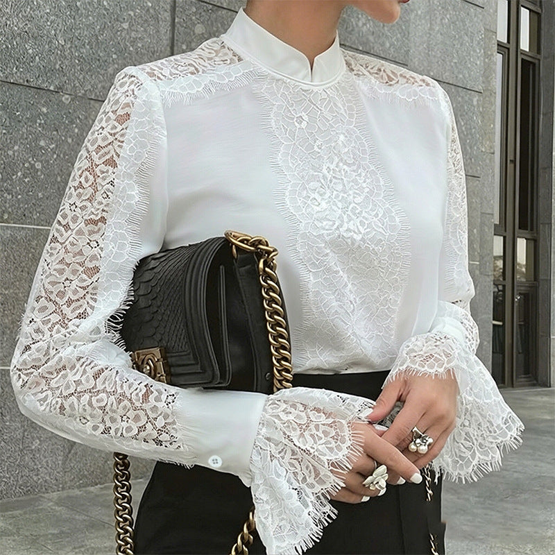 Women's Lace Sleeve Mock Neck Blouse
