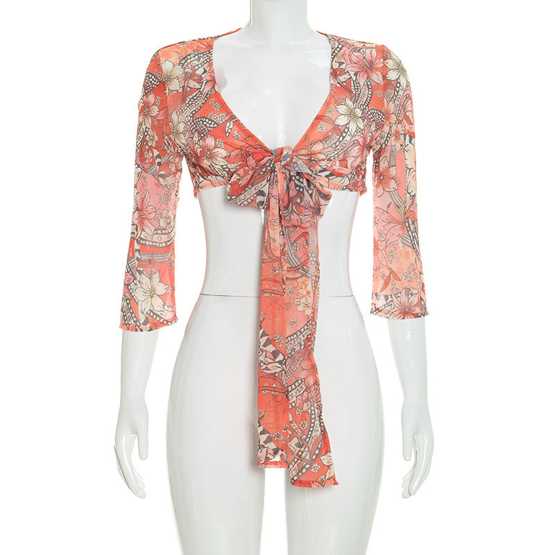 Women's Floral Tie Front Crop Top