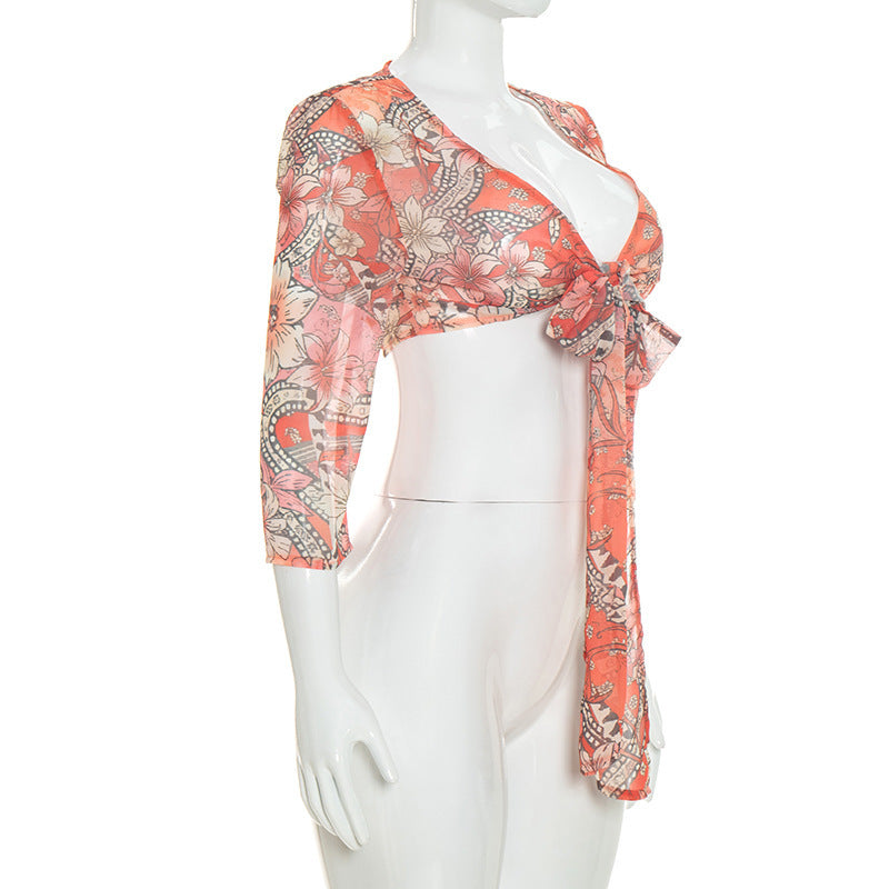 Women's Floral Tie Front Crop Top