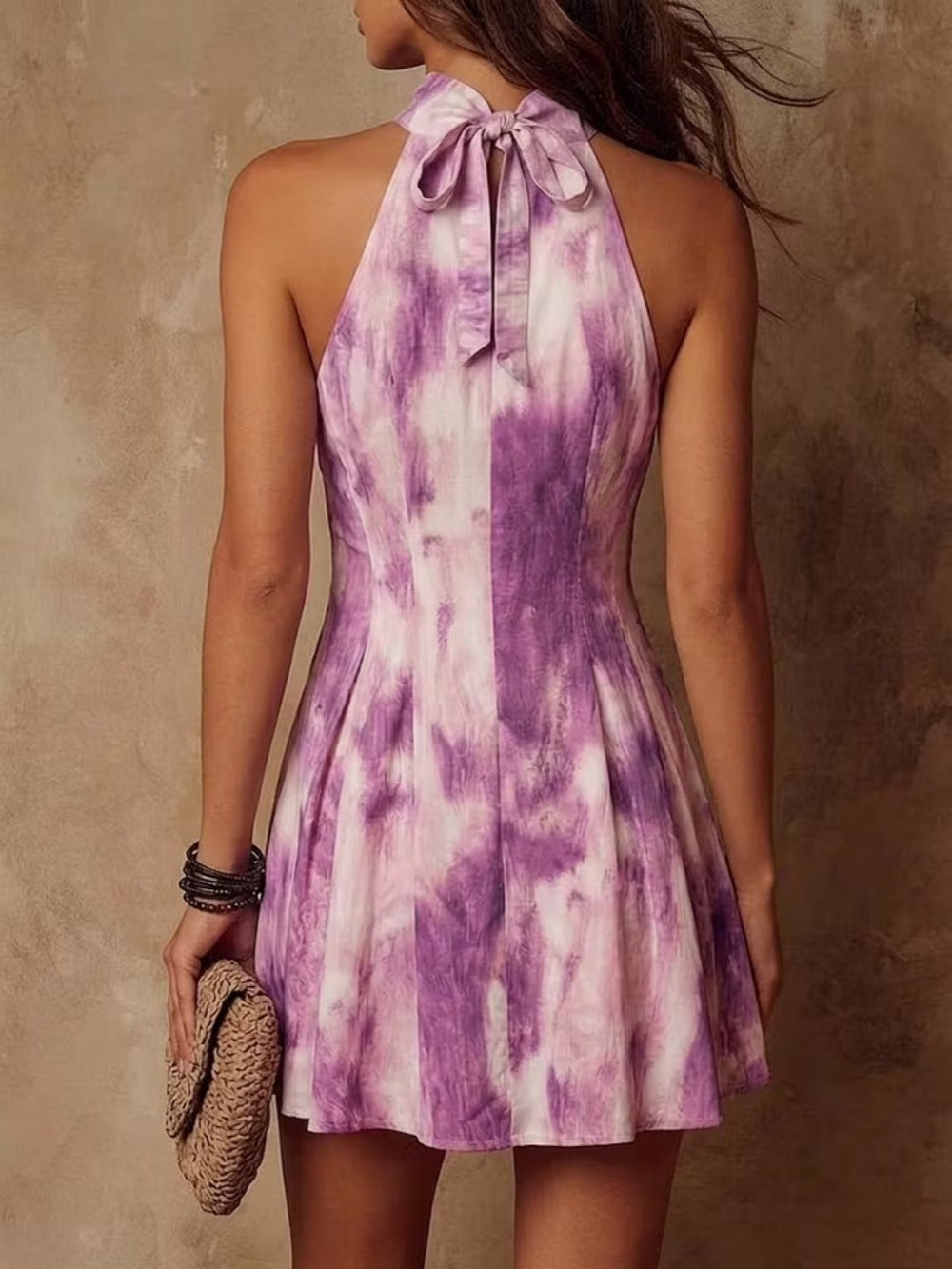 Women's Purple Tie-Dye Halter Mini Dress