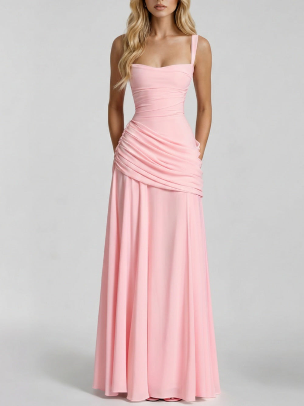 Women's Ruched Square Neck Maxi Dress